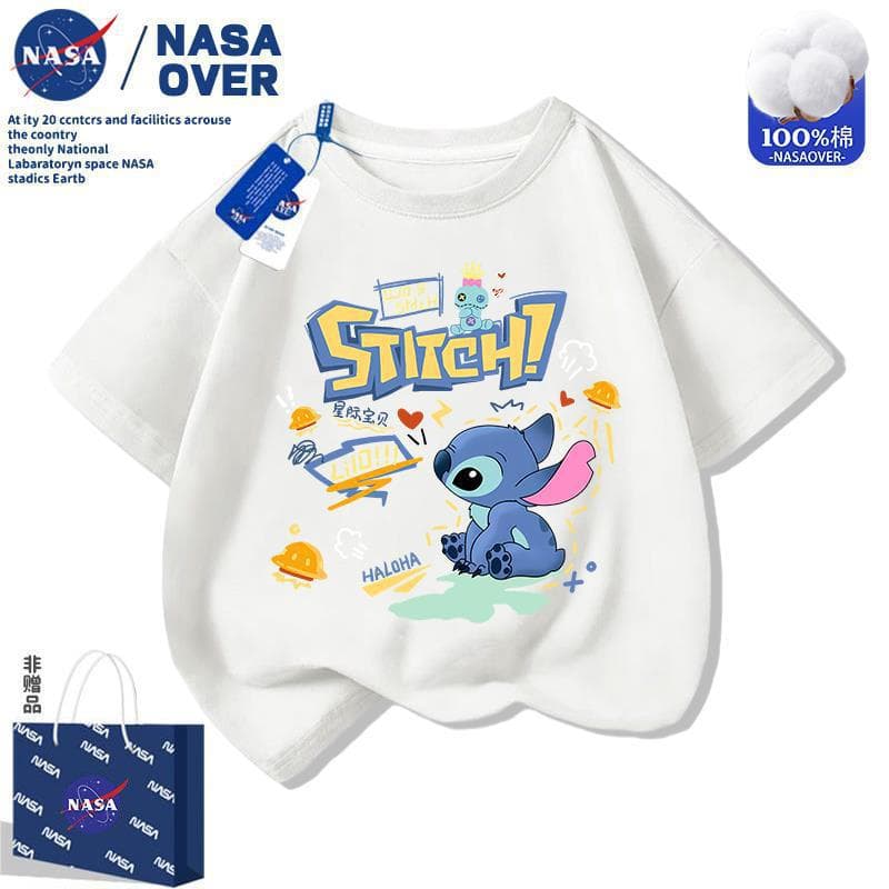 NASA Stitch children's short-sleeved T-shirt 2025 summer new cartoon cute boys and girls round neck loose top