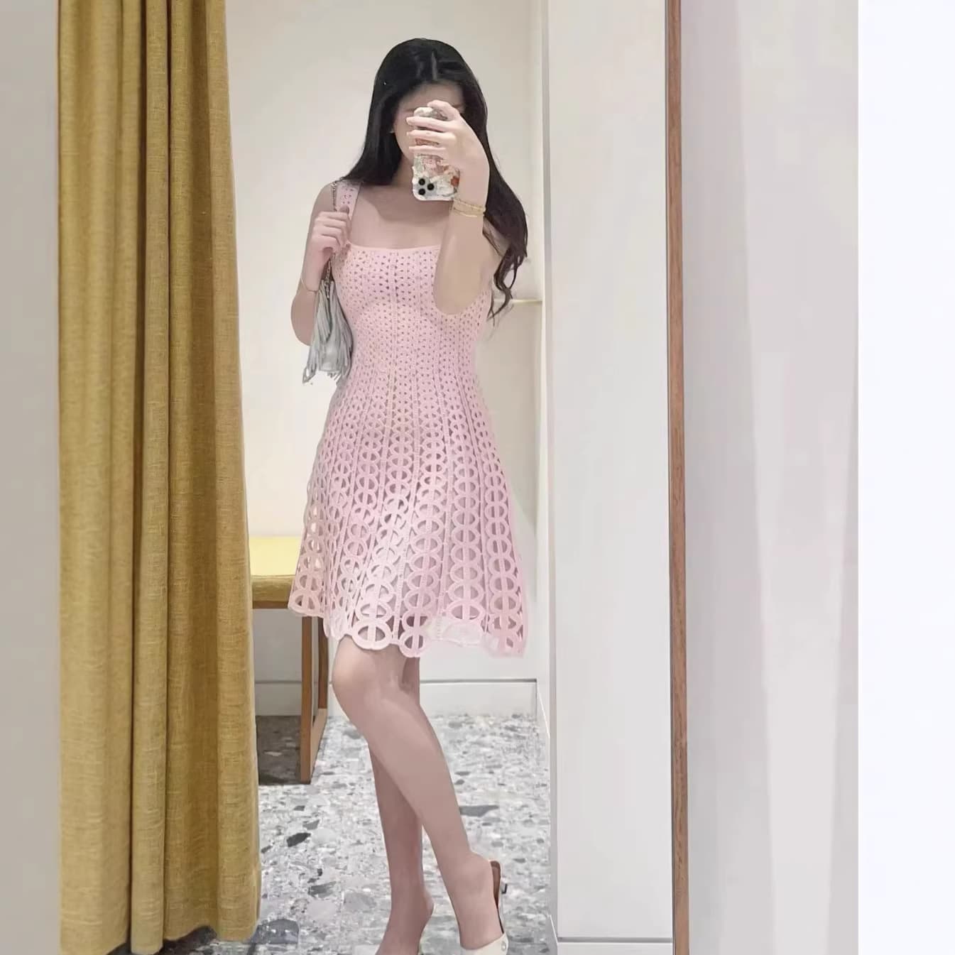 French niche 2026 spring and summer new style sweet hot diamond hollow knitted suspender dress