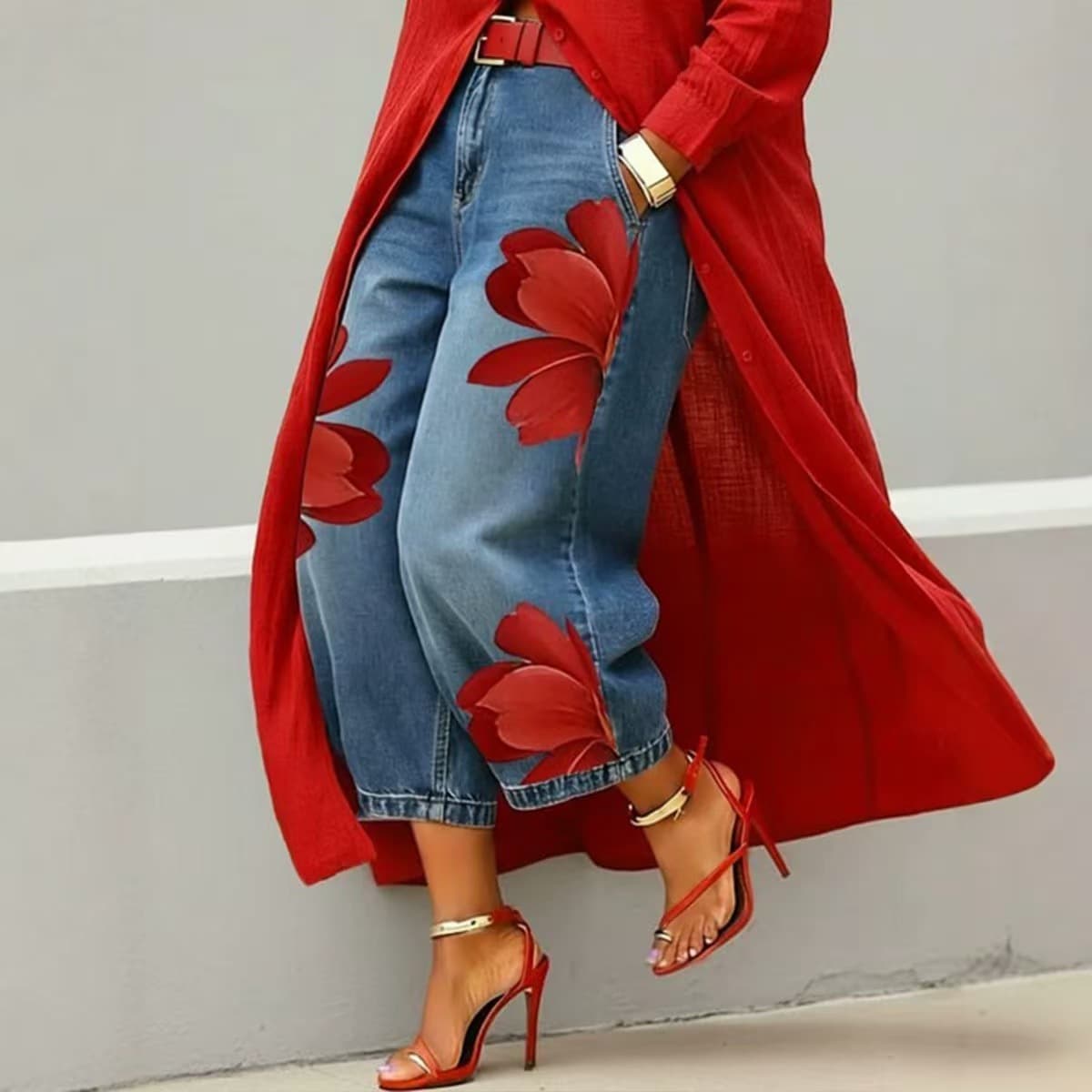 2026 New Cross-Border Amazon Product: Imitation Denim Print Loose Jeans, Fashion Floral Wide-Leg Long Pants for Women