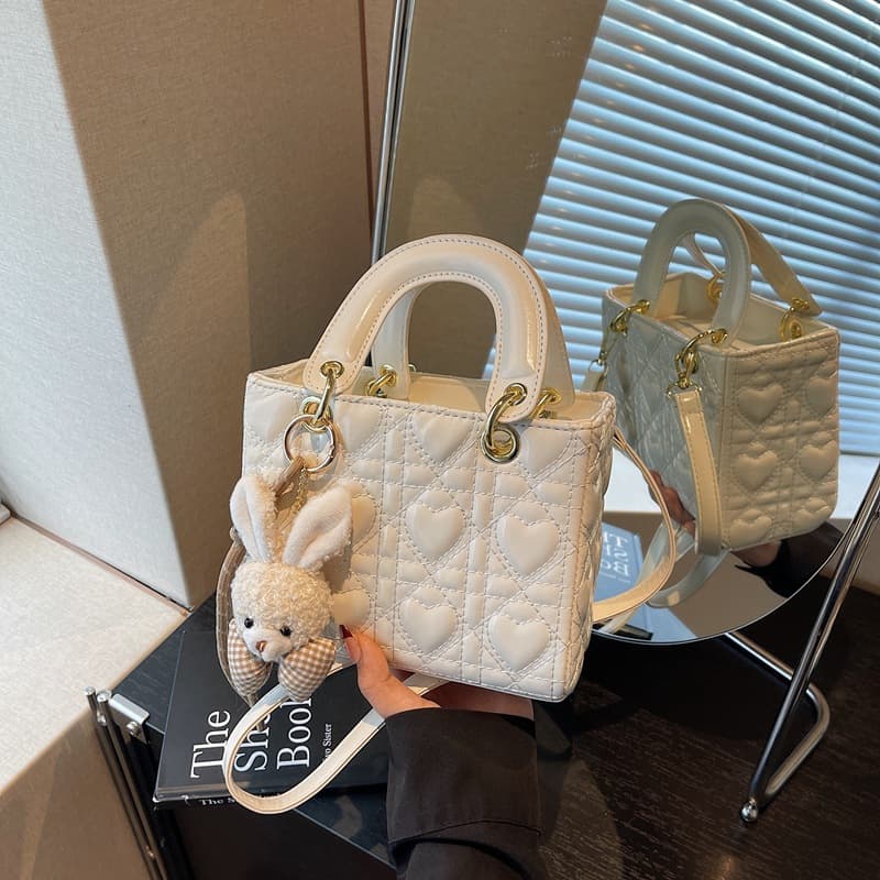 Elegant Heart Diamond Grid Lady Dior Bag, Simple and Versatile with Rabbit Pendant, Women's Black Shiny Handheld Shoulder Crossbody Bag