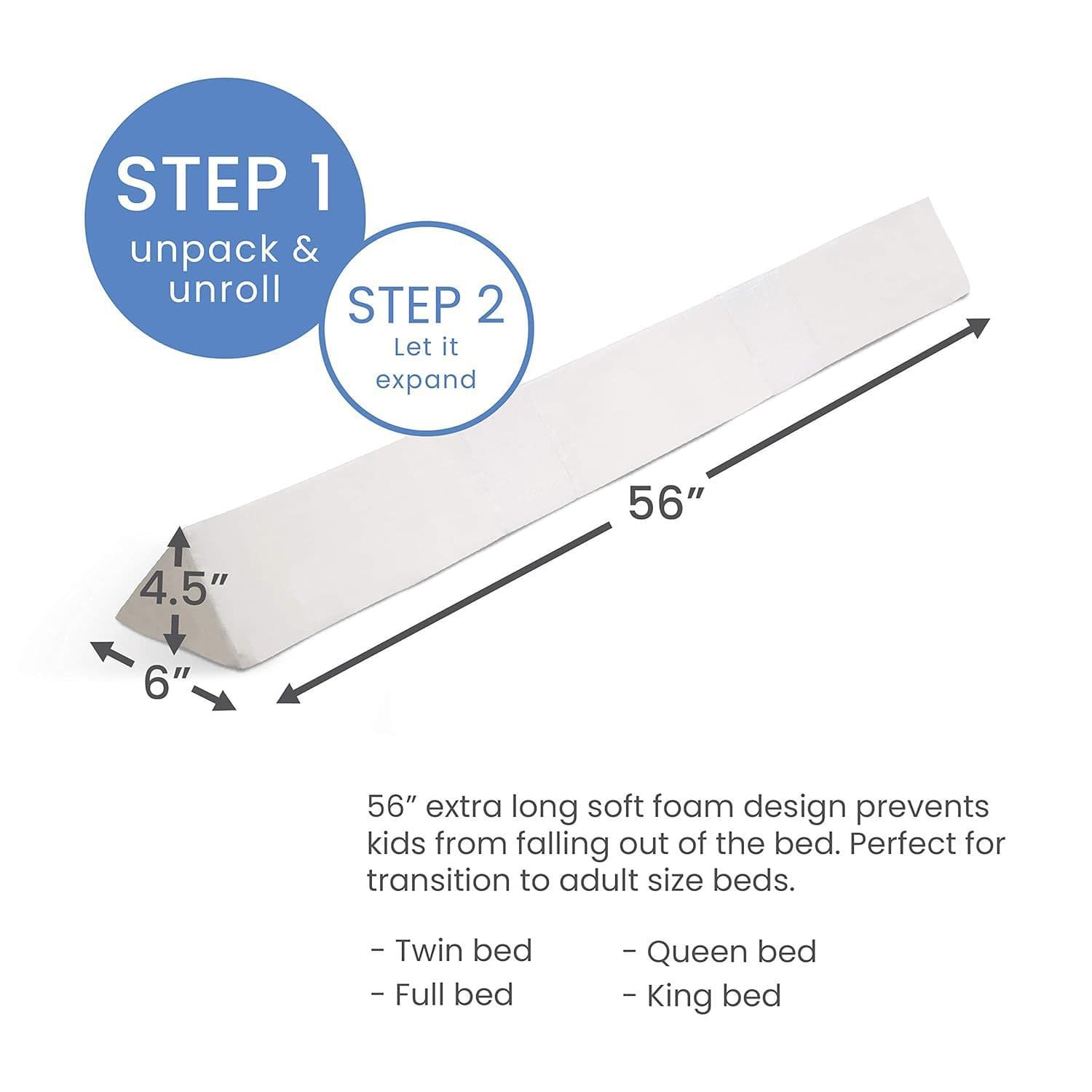 Custom-designed extra-long memory foam bed rails for children, A2 size, machine washable, waterproof, non-slip, triangular seam filling tool.