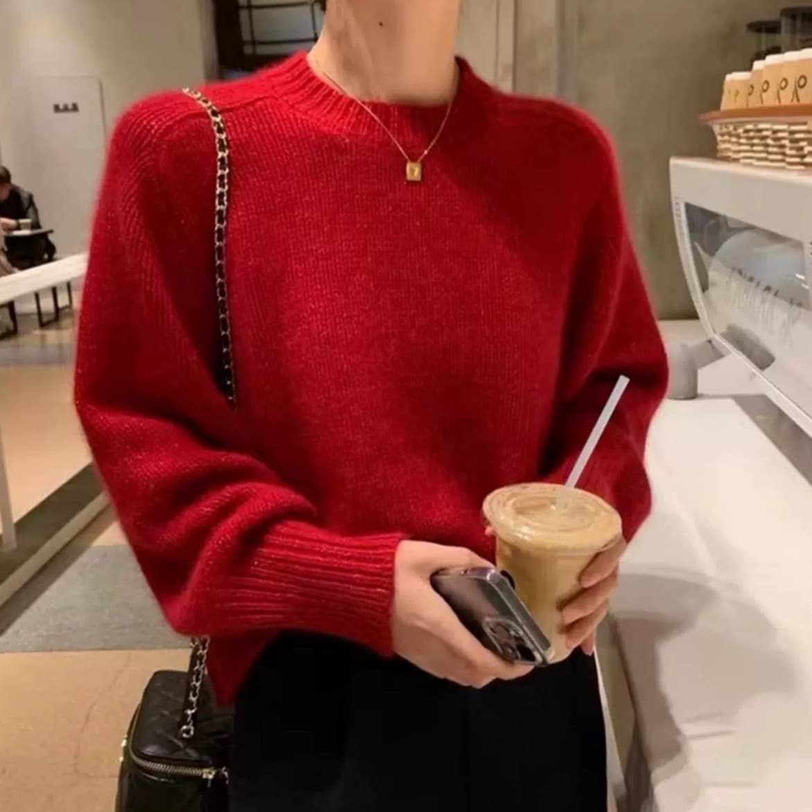 New Autumn/Winter Women's Wool Sweater with Gold Thread Saddle Shoulder, Thick Inner Layer, Round Neck, Long Sleeve, Warm Base Layer Knit Top