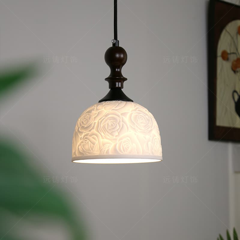 Bedside Small Pendant Light Rose Ceramic Bedroom Cream Japanese Retro Vintage Entryway Restaurant Wabi-Sabi Style Pendant Light