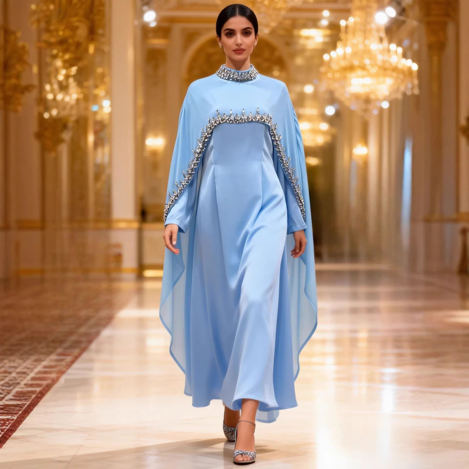2026 New Arrival Light Luxury Dress Light Blue Rhinestone Cape Gown Luxury Banquet Dress Long Robe Two-Piece Set