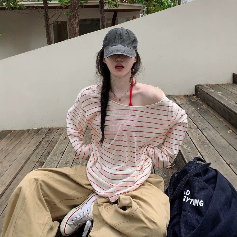 Korean-Style Striped Off-Shoulder Sheer Sun-Protective Cover-Up T-Shirt for Women, Summer Design, Beachwear, Off-Shoulder Top