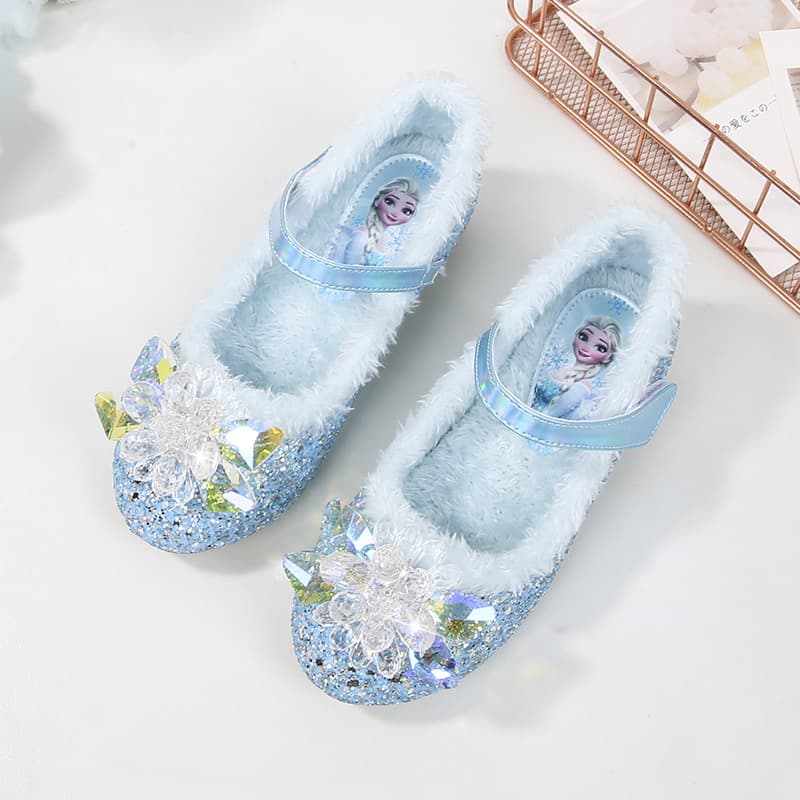 Girls' princess shoes, baby girls' fleece-lined crystal shoes, new winter style, blue Elsa shoes, fashionable children's high heels