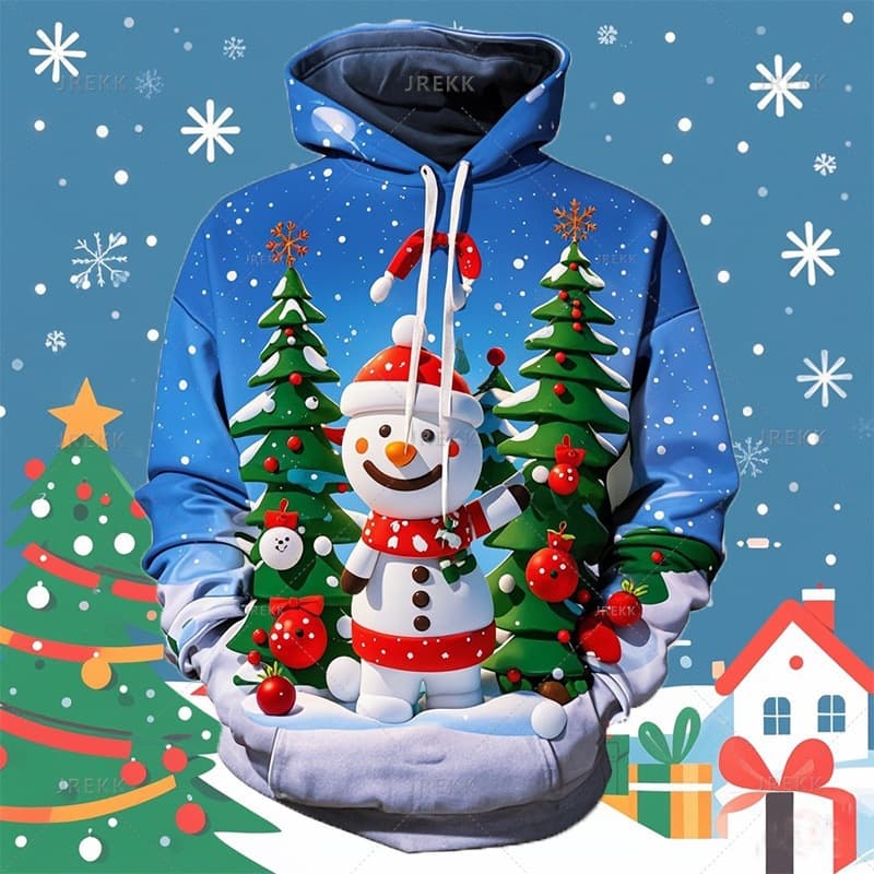 Autumn Fashion Digital Print 3D Effect Merry Christmas Hoodie Snowflake Pattern Hooded Sweatshirt