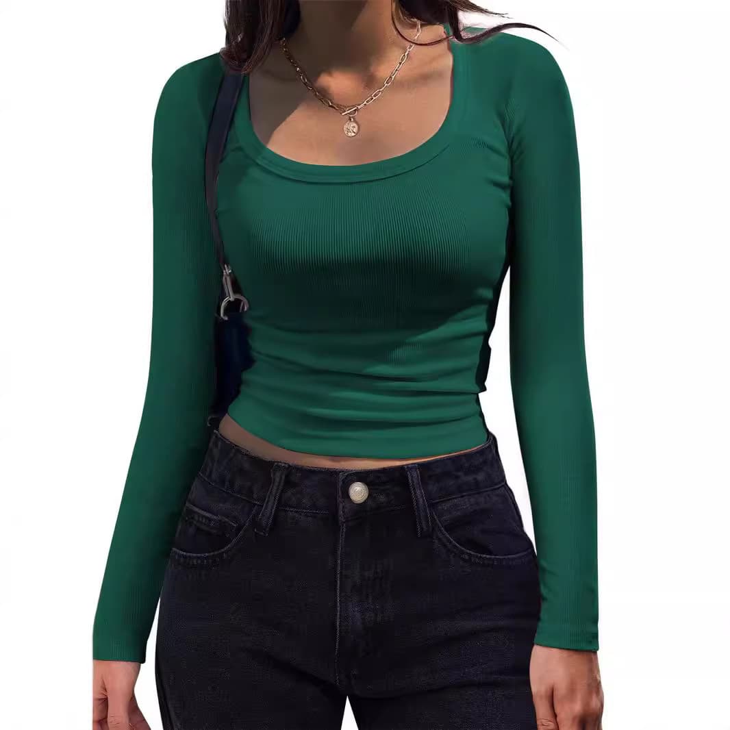 2024 Amazon new European and American foreign trade style thread pit strip slim long-sleeved square neck T-shirt women's cross-border women's T-shirt