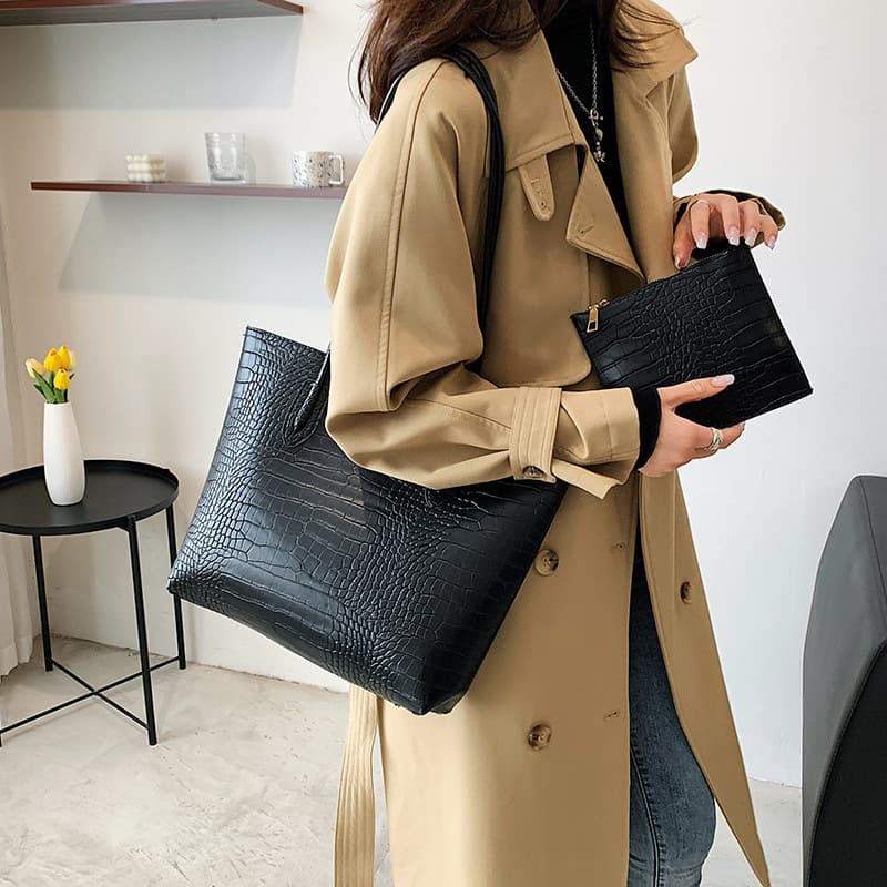 Vintage Crocodile Pattern Tote Bag for Work Commute, Premium Large Capacity Shoulder Bag with Detachable Pouch, Women's Handbag