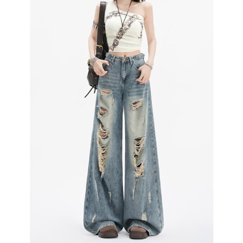 Plus Size Ripped Wide Leg Jeans for Women Fall Trendy New Style Vintage Blue High Waist Loose Fit Draped Straight Leg Long Pants