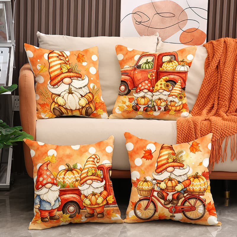 Fall Pumpkin Gnome Pillow Cover Thanksgiving Maple Leaf Print Sofa Cushion Orange Watercolor Pumpkin Pillow Cover