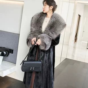 Cross-border Wholesale Autumn/Winter Mink Fur Coat for Women with Fox Fur Collar, Long Style, Slimming Fashion Outerwear with Rabbit Fur