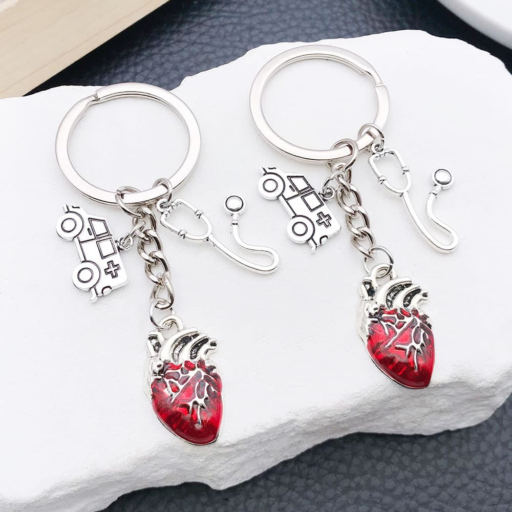 Creative Vintage Silver Medical Series Stethoscope Red Heart Ambulance Zinc Alloy Keychain Backpack Key Charm