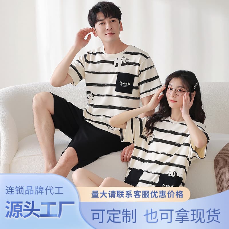 Couples Cotton Pajamas Women Short Sleeve Shorts Pullover Home Wear Wearable Out Cotton Cartoon Loose Men's Loungewear