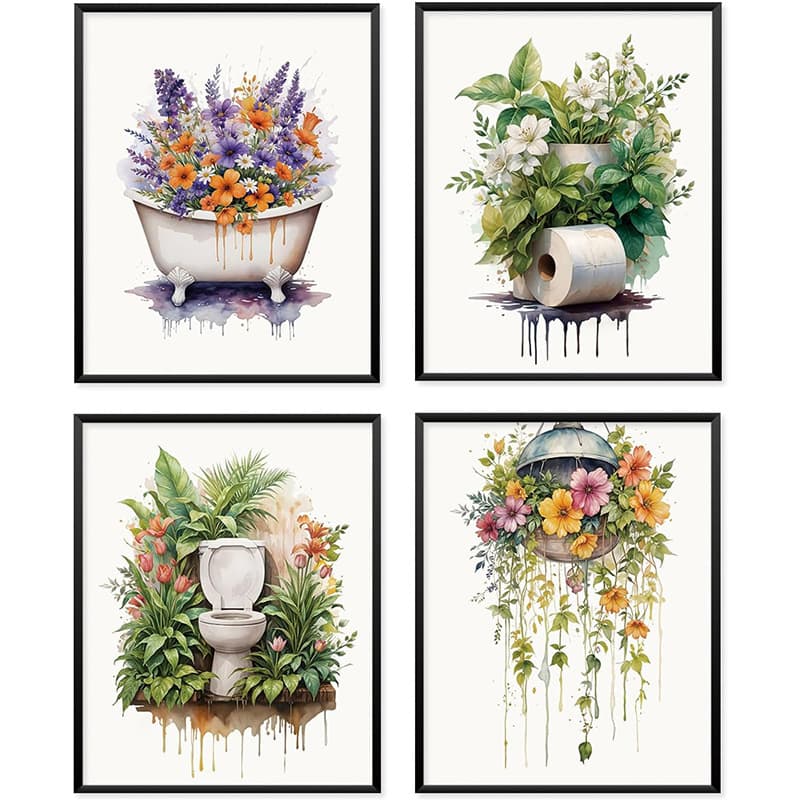 Wildflower Floral Bathroom Wall Art Decor 4-Piece Set Frameless Bathroom Watercolor Wall Decor Canvas Print Cores