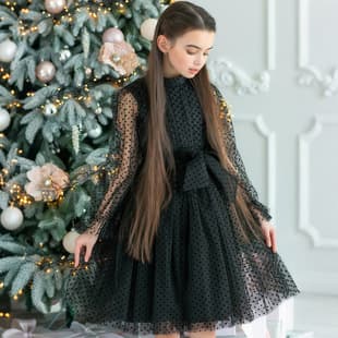 Cross-border Children's Black Evening Gown Elegant Host Performance Dress Girl Birthday Party Long Sleeve Dress