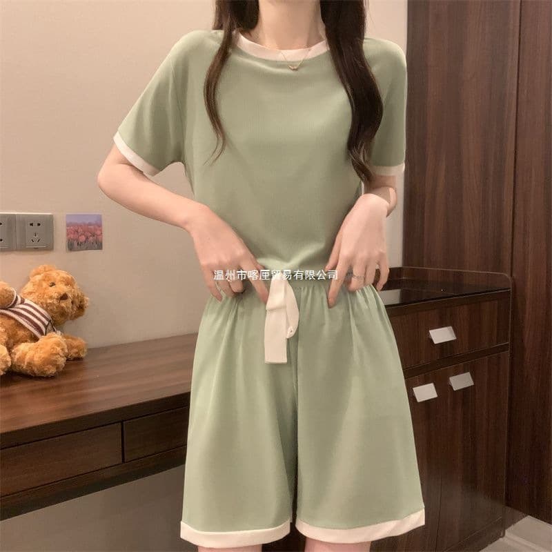 Women's Summer Ice Silk Pajama Set, Solid Color Loose Casual Short Sleeve and Shorts Two-Piece Premium Loungewear