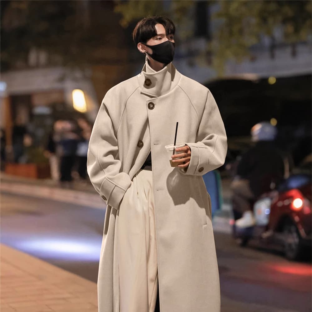 Korean Style Knee-Length Wool Overcoat Men Winter Mid-Length British Style Wool Jacket Marled Thickened Warm Trench Coat
