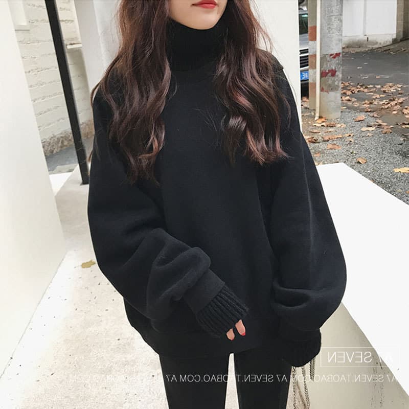 Fleece-lined Thick Women's Hoodie, New Autumn/Winter Korean Style Trendy Student Loose Lazy Fake Two-piece High Neck Sweater Coat