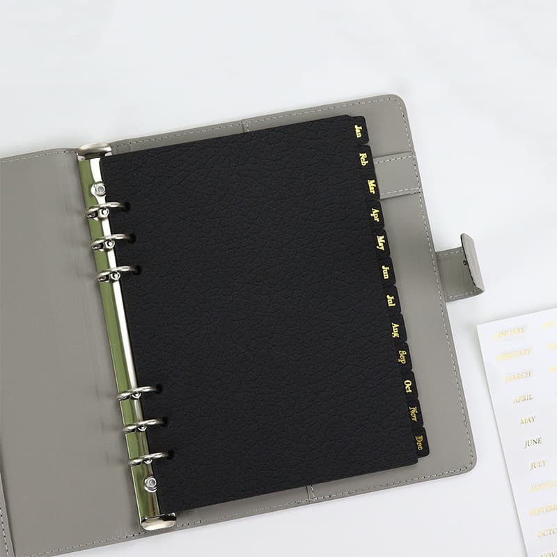 6-Hole A5 Pebble Grain Paper Divider Pages with Gold Foil Month Index Tabs for Planner, Binder, Ledger