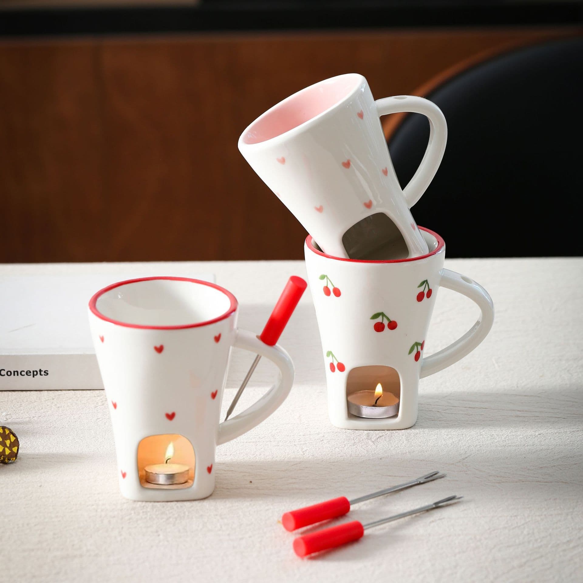 Heart-Shaped Chocolate Cup, Melting Cheese Fondue Cup with Fork, Ceramic Mug, Butter Warming Coffee Cup