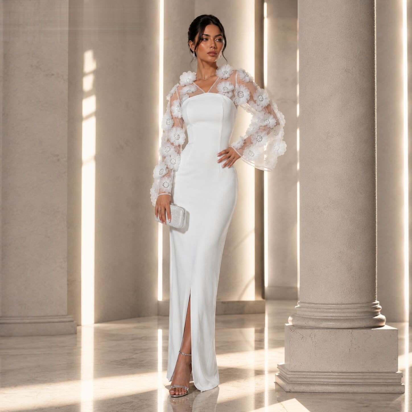 2026 new European and American style cross-border foreign trade white slim-fitting long-sleeved flower stitching embroidered dinner evening dress