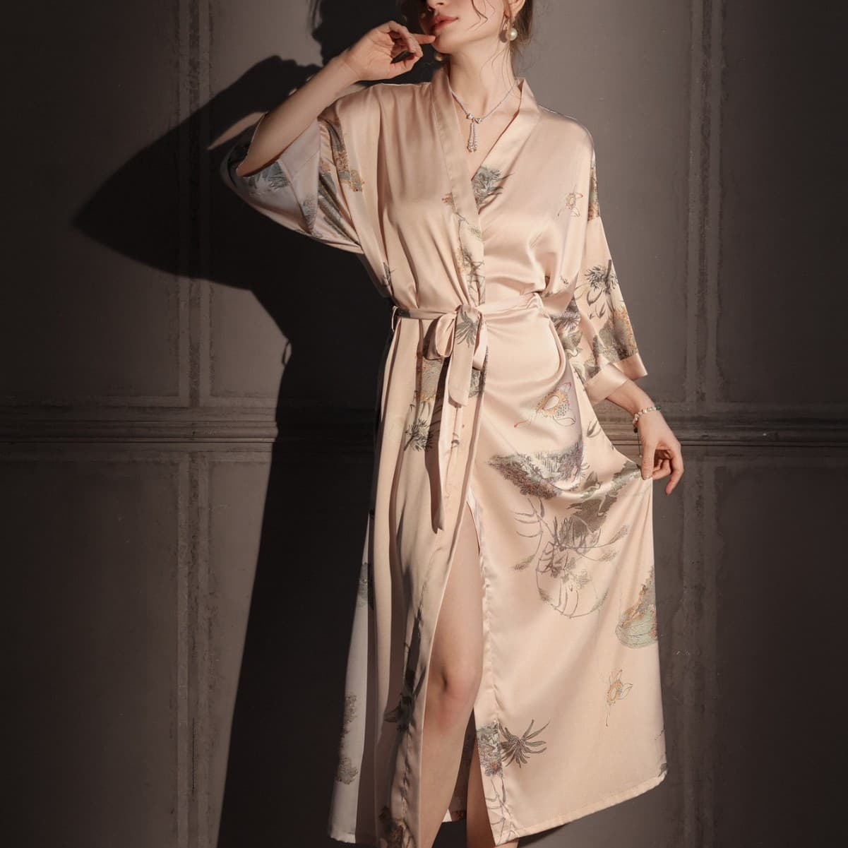 Satin nightgown for women summer thin ice silk Chinese style robe luxury pajamas home dressing gown bathrobe extra length