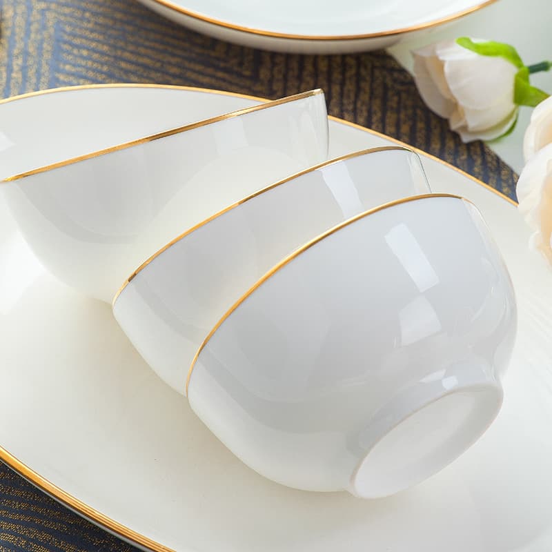 Jingdezhen ceramic bowl household gold inlaid jade pure white gold edge bone china tableware bowl ceramic soup noodle bowl dish rice bowl DIY