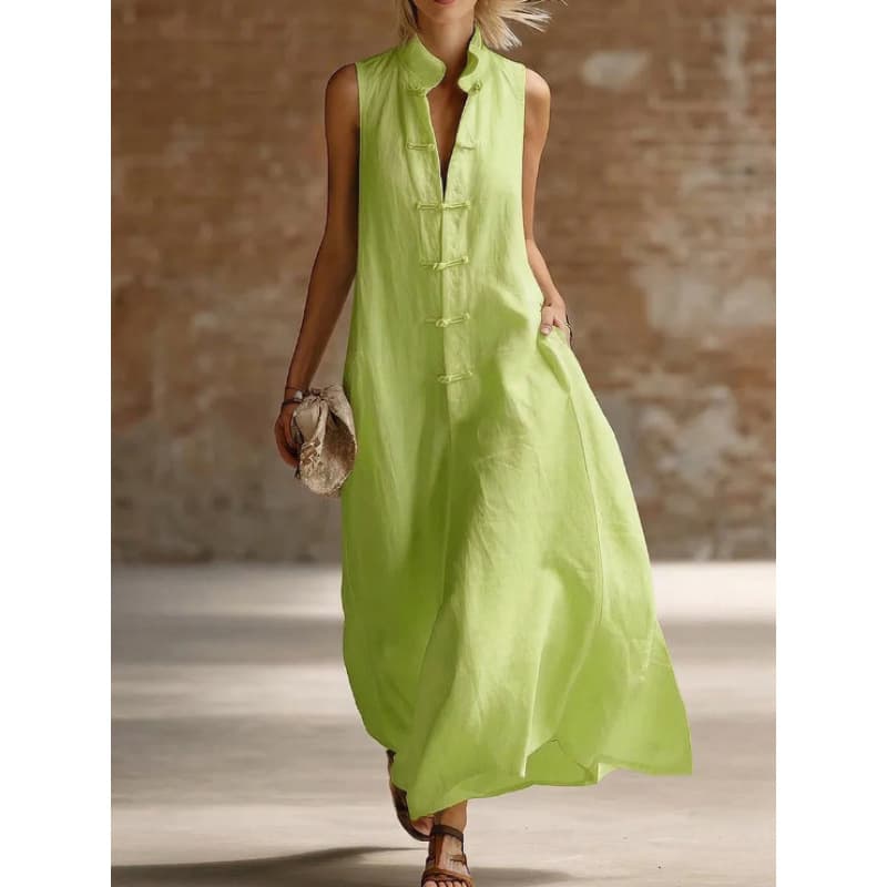 European and American Cross-border Women's Fashion Independent Site Summer French Stand Collar Sleeveless Cotton Linen Button-loop Pocket Long Dress