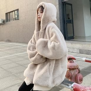 Korean Loose Fluffy Coat for Women Winter, Faux Rabbit Fur Faux Fur Mid-Length Plus Size Thickened Hooded Jacket