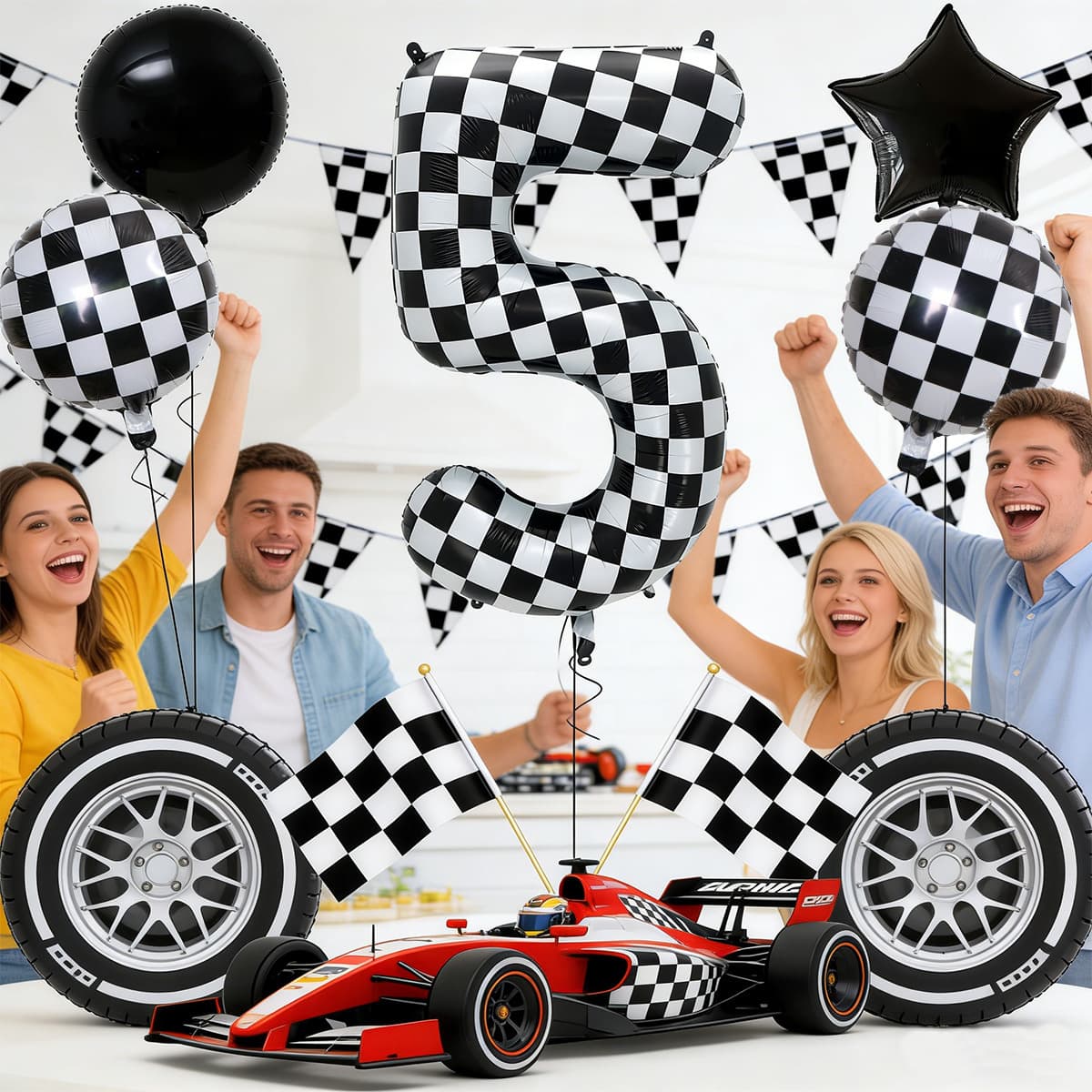 40-inch Checkered Racing Car Birthday Balloons Baby Shower Racing Theme Party Decoration Set of 5