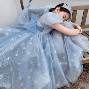 Frozen Elsa Princess Dress Girls Tulle Dress Children Birthday Gown Performance Dress Short Sleeve Summer