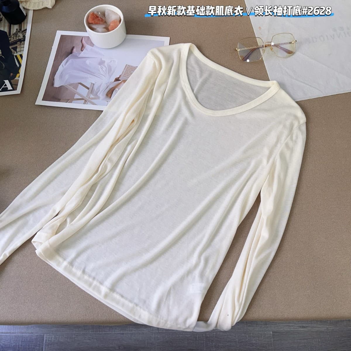 New fashion V-neck top women's versatile solid color long sleeve warm base layer skin-friendly casual basic undergarment