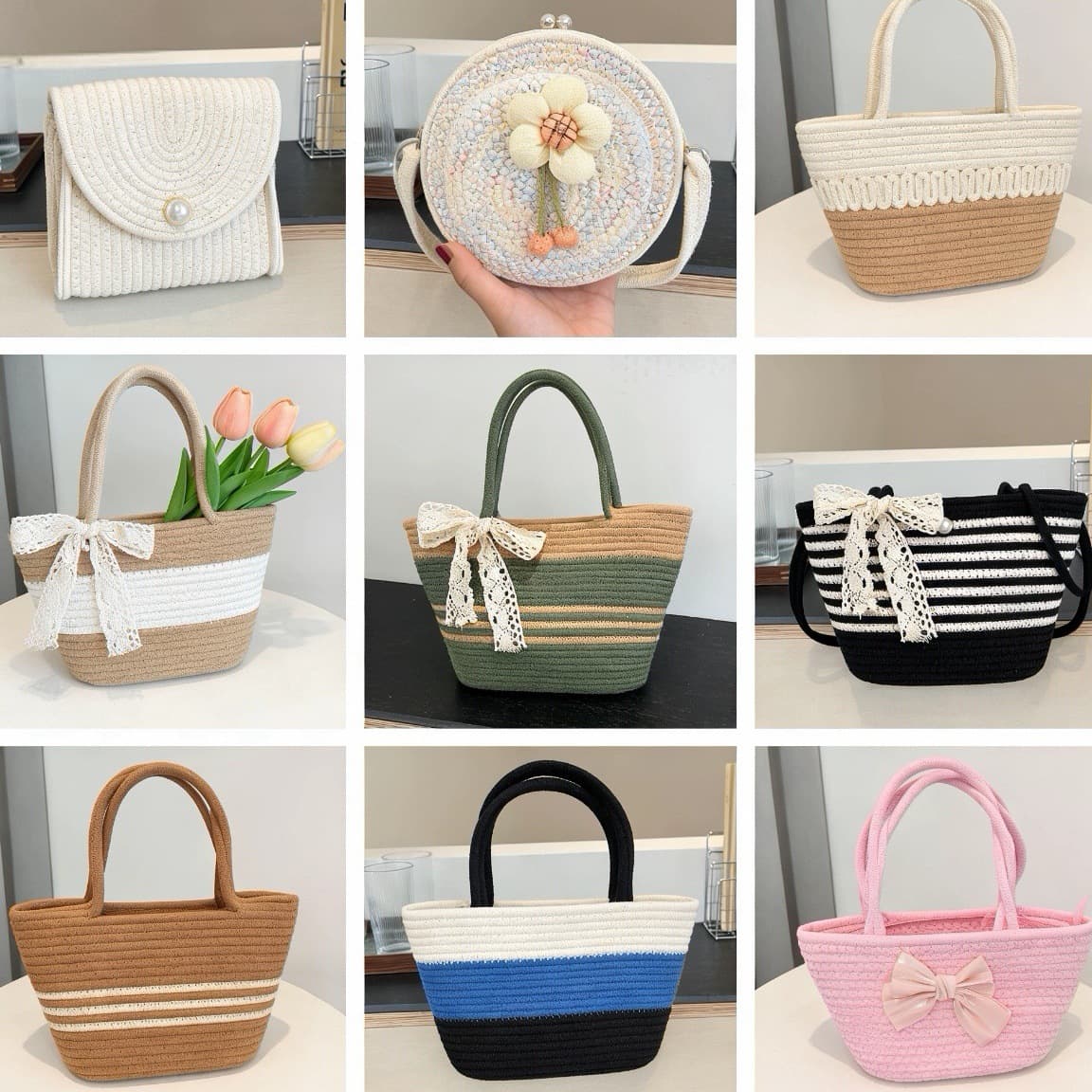 2026 New Woven Bag, Simple Beach Straw Handbag, Cross-Body Vacation Cotton Rope Commuter Tote Bag for Women