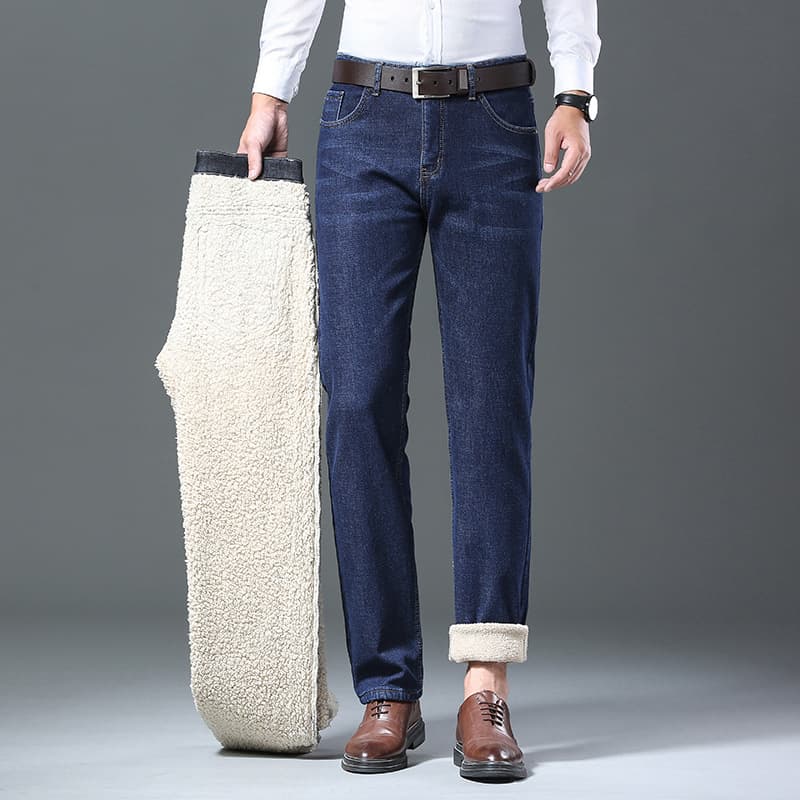 Men's Jeans Fleece-lined Straight-leg Warm Casual Pants Easy Care Denim Trousers For Men