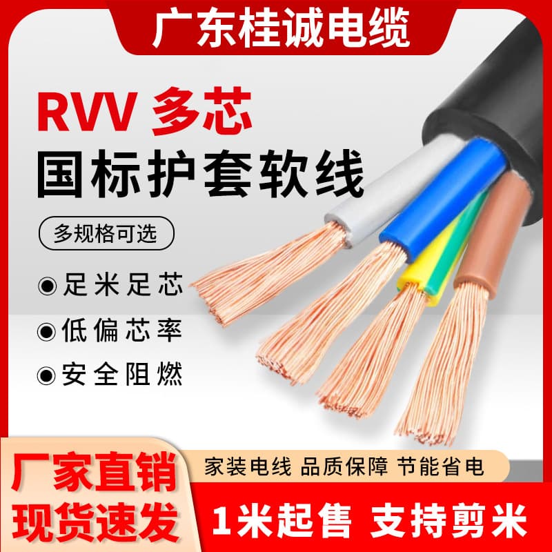 National Standard Pure Copper Core Cable RVV 2/3/4/5 Core 0.5/0.75/1.5/2.5/4 sq. mm Control Sheathed Wire