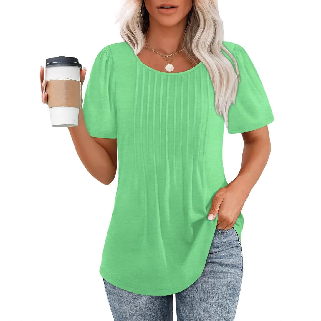 2025 Amazon Export Loose European and American New Pleated Round Neck Short-Sleeved T-Shirt Women's Tops Striped Solid Color Women's Clothing