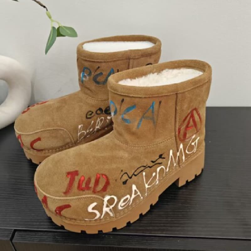 2026 Winter New Mickey Head Graffiti Snow Boots Women Thick Sole Short Shaft Thickened Warm Cotton Boots Bread Snow Boots
