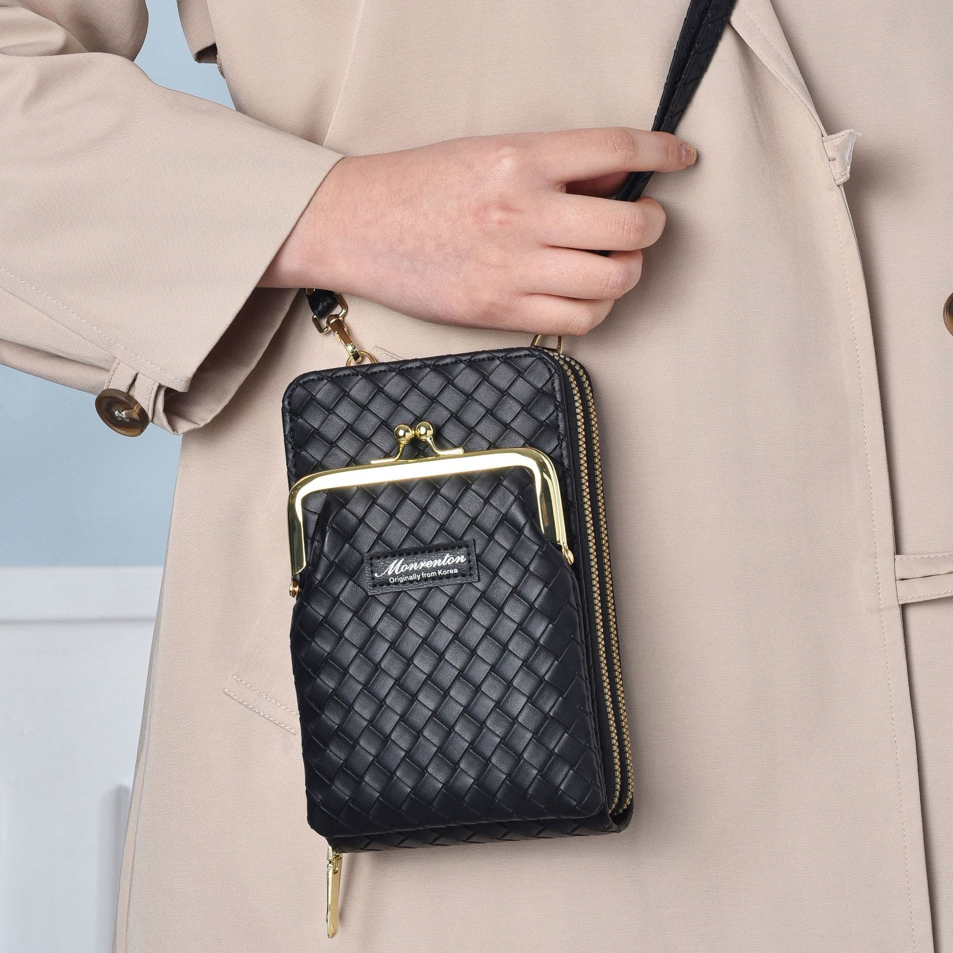 Cross-border 2025 new phone bag women minimalist Korean wallet double zipper bag woven texture crossbody bag