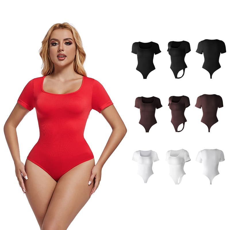 Cross-border best-selling European and American style square neck slim waist tummy control seamless short-sleeved shaping jumpsuit for women