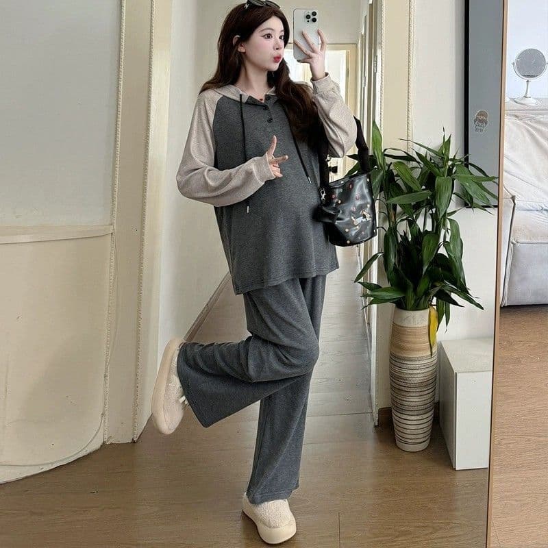 Maternity Wear Set Large Size Spring/Autumn Color-block Hooded Half-open Collar Top + Maternity Wide-leg Pants Two-piece Set