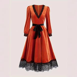 2026 New Velvet Dress, Retro V Neck Lantern Sleeve High Waist Flared Skirt, Black Lace Trim