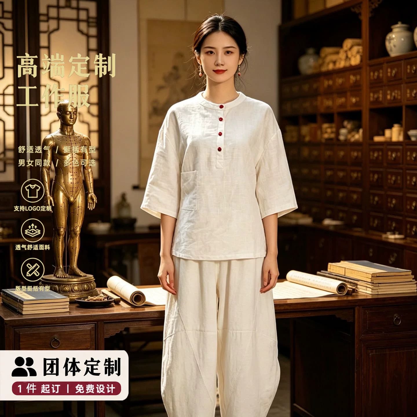 Traditional Chinese Medicine Wellness Center Therapist Uniform Summer Men's and Women's New Chinese Style Ramie Workwear for Moxibustion and Physiotherapy Clinics Custom