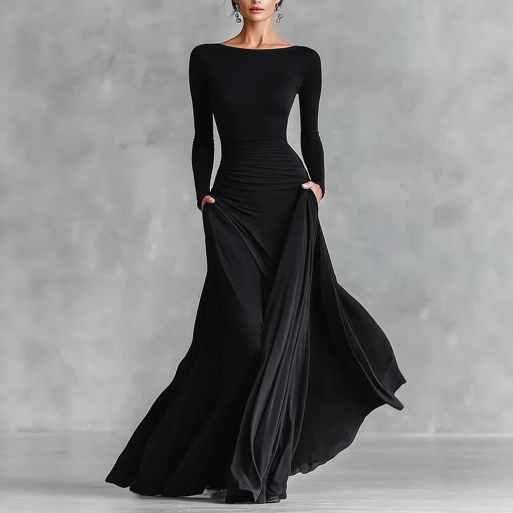 Cross-border Independent Station Europe and America 2026 Spring Autumn Solid Color Slim Fit Boat Neck Waist Cinching Figure-flattering Irregular Dress Women