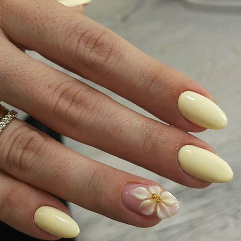 Cross-border Hot Selling Wearable Nails French Yellow Almond Nails 3D Floral Fake Nails Removable Nail Tips Wholesale
