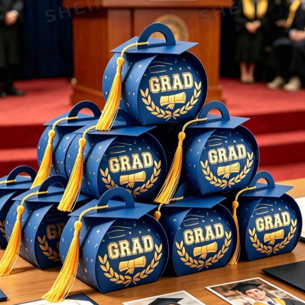 New creative bronzing tassel box personalized graduation season wedding candy box European style PhD hat small gift box ready for sale