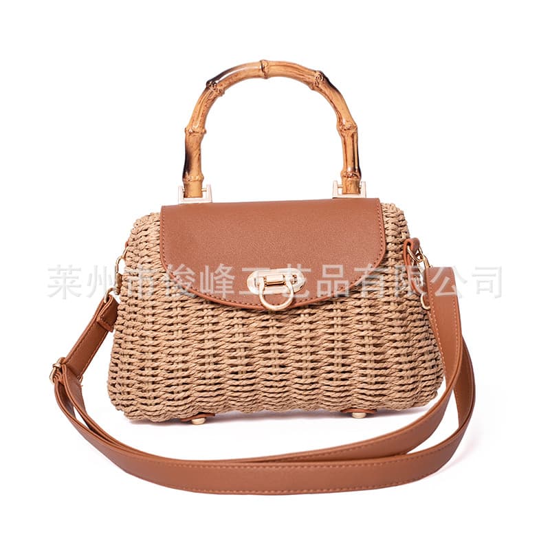 New Retro Bamboo Handle Straw Bag Fashion Casual Artistic Straw Bag Seaside Vacation Casual Hand Bag for Women