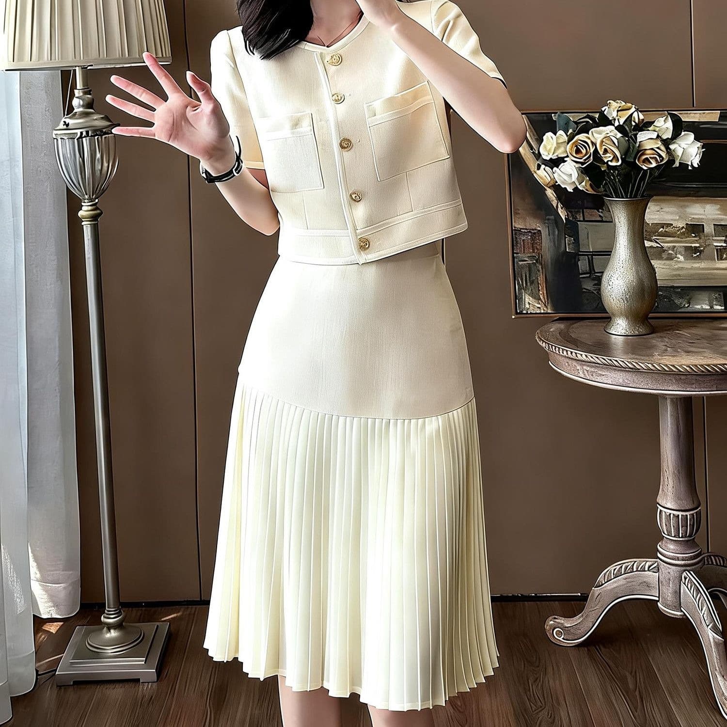 New Chanel-style Two-Piece Skirt Set for Women Summer New Arrival (with Shoulder Pads) Lambswool Buttons New Arrival