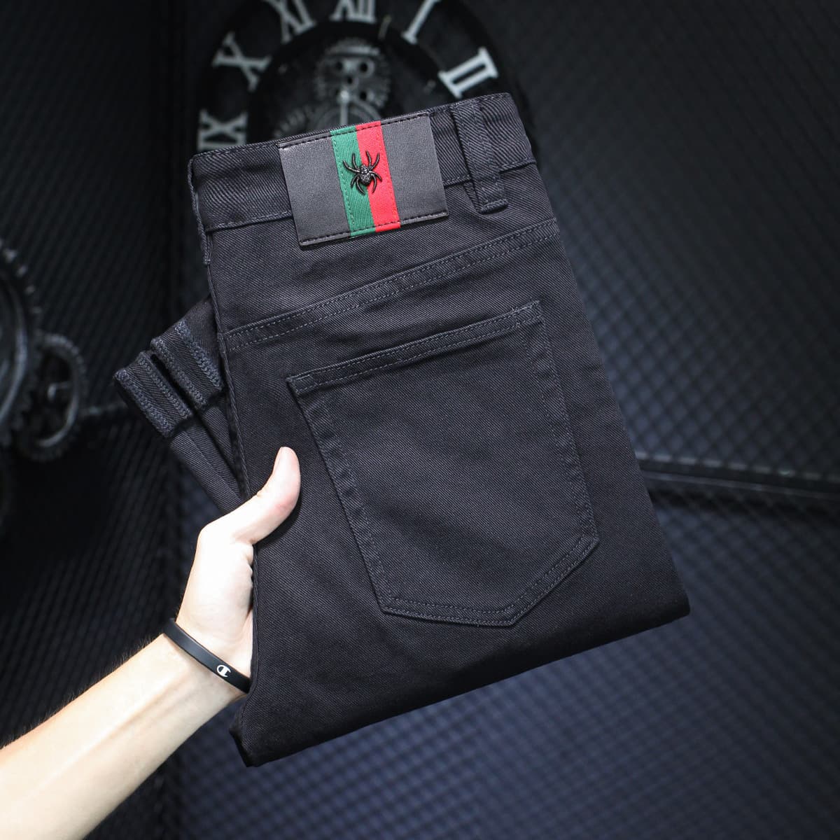 Pure Black Jeans Men's Spring Autumn Thin Trendy Korean Style Versatile Stretch Slim Fit Skinny Casual Long Pants Men