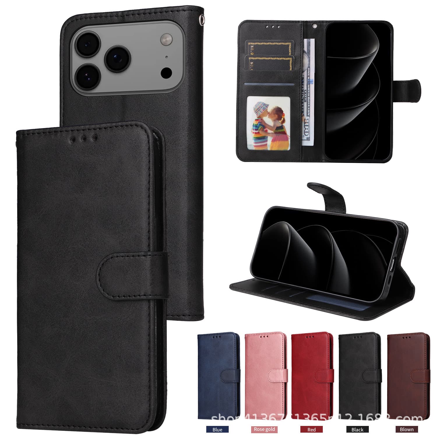For Apple 18 Pro Calfskin Grain iPhone Air/17E/16/15/14 Card Slot Leather Case